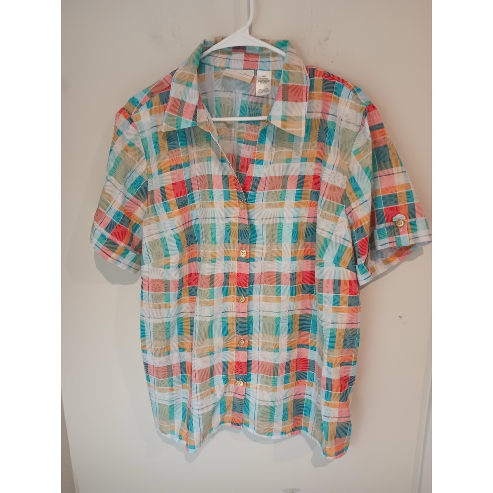 Alfred Dunner Woman 16W Short Sleeve Plaid Button Front Shirt Top Plaid Floral